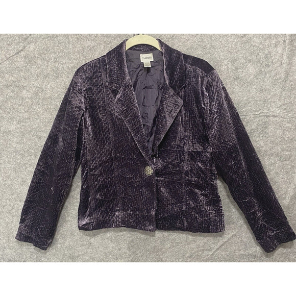 Chicos Crushed Velvet Jacket Blazer Womens Sz‎ 1 US 8 Purple Holiday Party - Picture 1 of 8